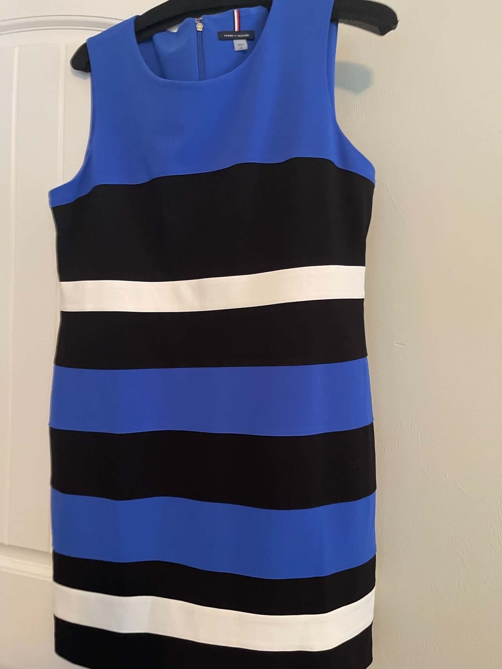 Tommy Hilfiger Royal Blue, Black & White Striped Sleeveless Sheath Dress